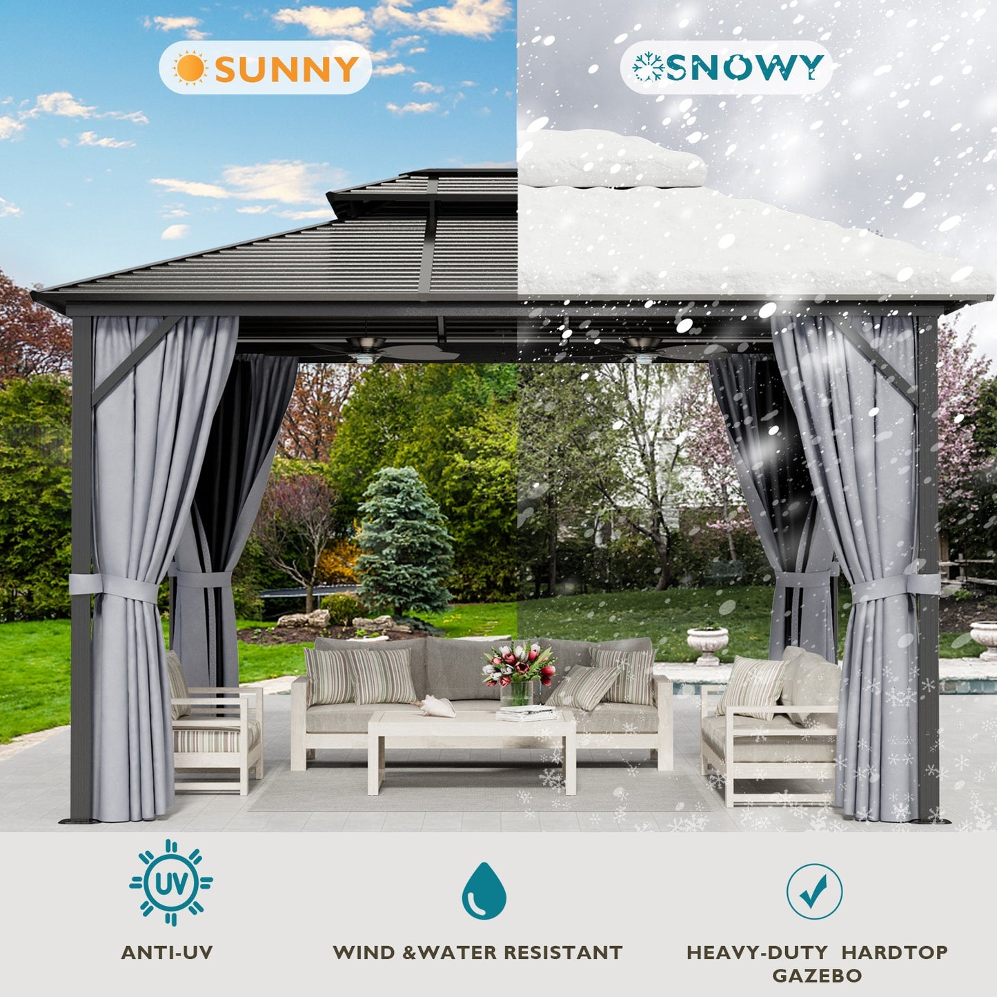 10' x 12' Hardtop Gazebo Double Roof Canopy, Aluminum Frame with Curtains. Pair with the EZ-Way Gazebo Magnetic Screen for easy Entry and Exit.