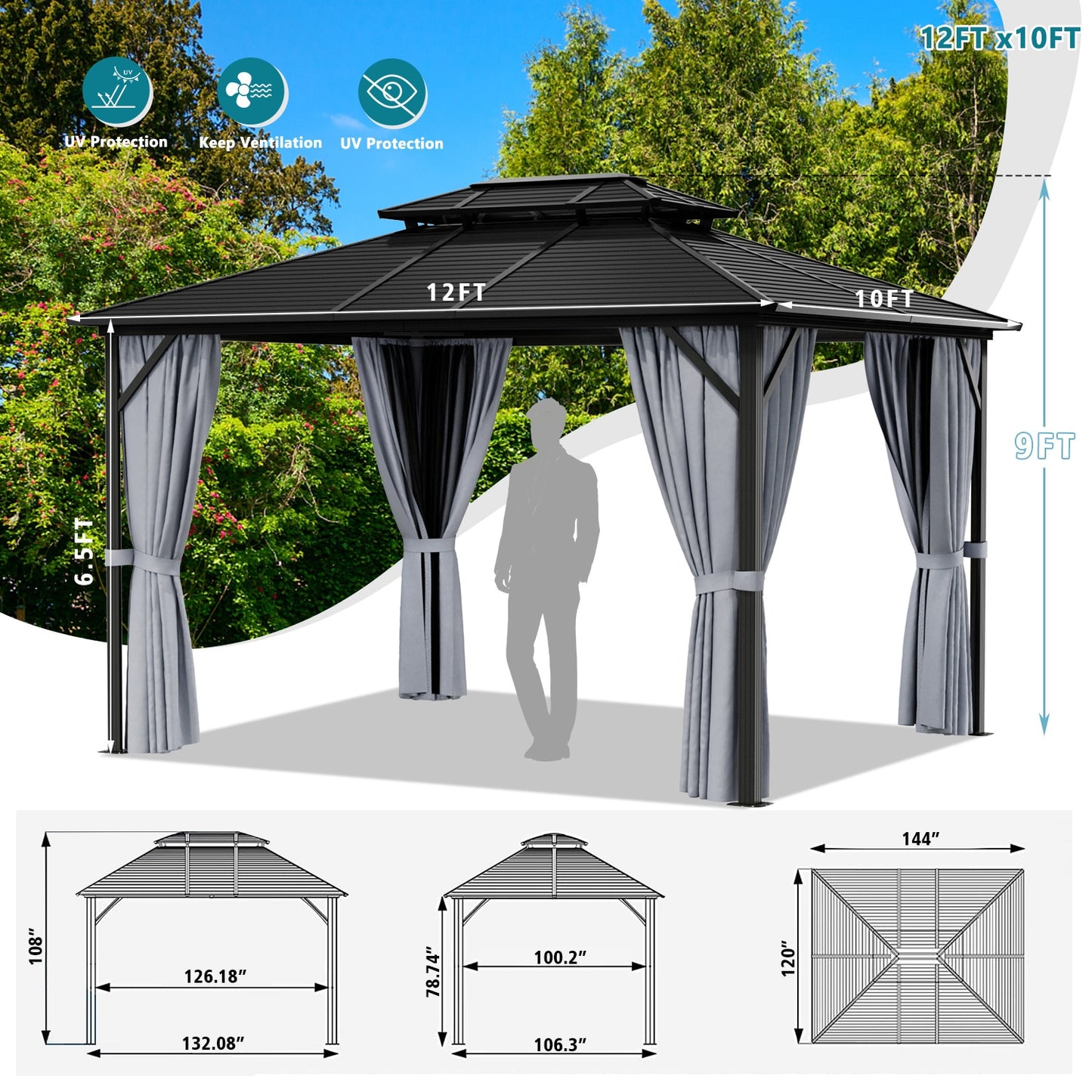 10' x 12' Hardtop Gazebo Double Roof Canopy, Aluminum Frame with Curtains. Pair with the EZ-Way Gazebo Magnetic Screen for easy Entry and Exit.