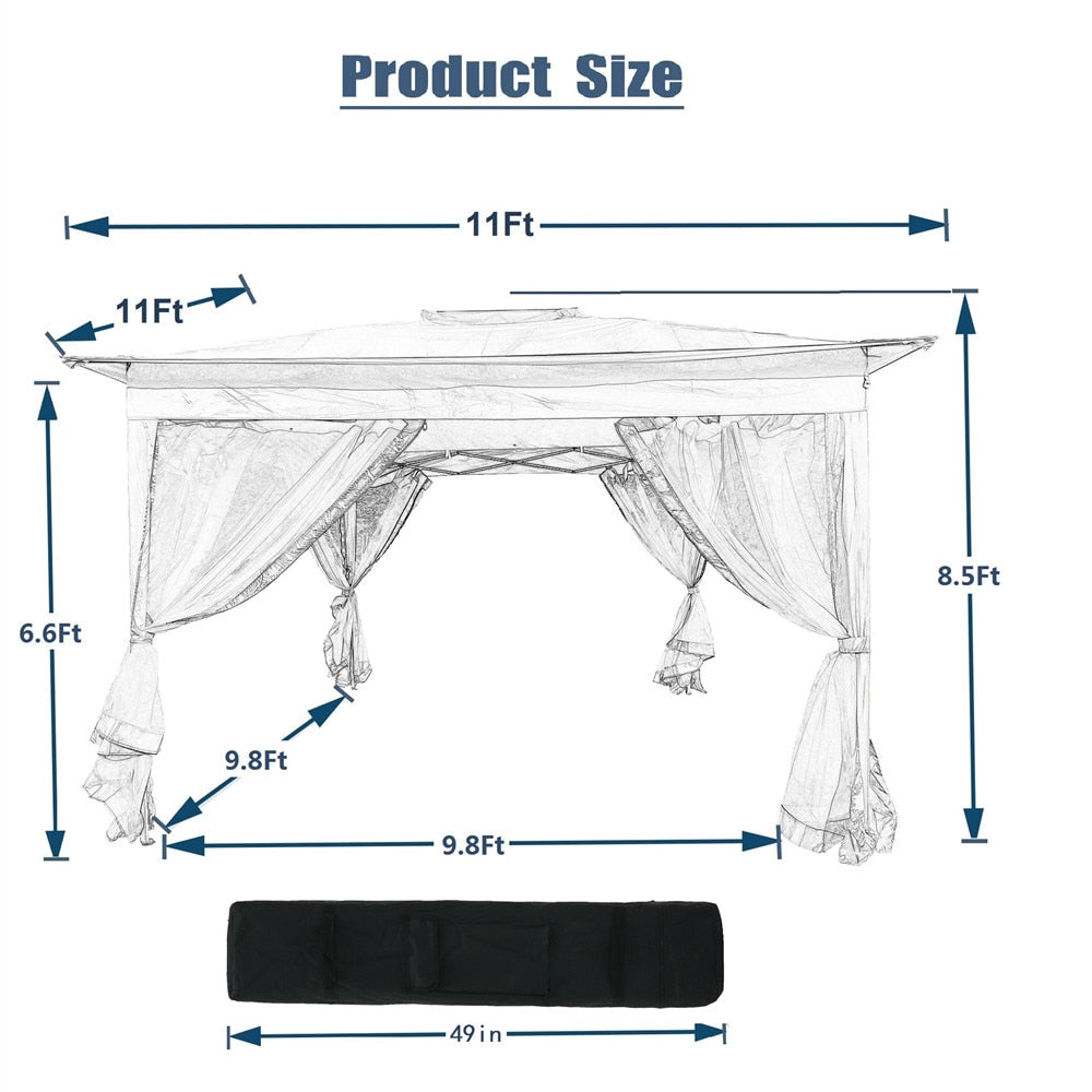 11ft x 11ft Outdoor Gazebo Canopy With Removable Zipper Netting. Add Gazebo EZ-Way Magnetic Screen for easy Entry and Exit.