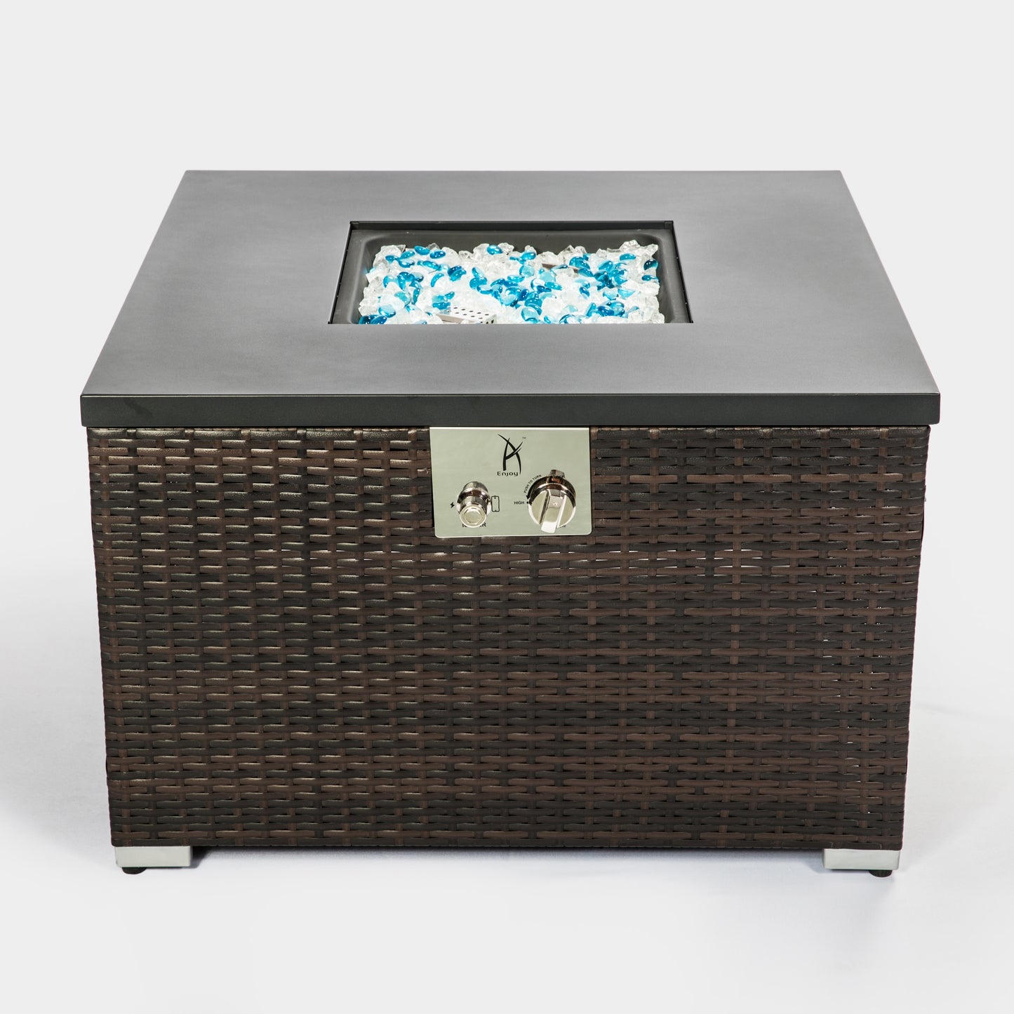 32" Outdoor Gas Fire Pit, Square Dark Brown Wicker, with Glass Rocks