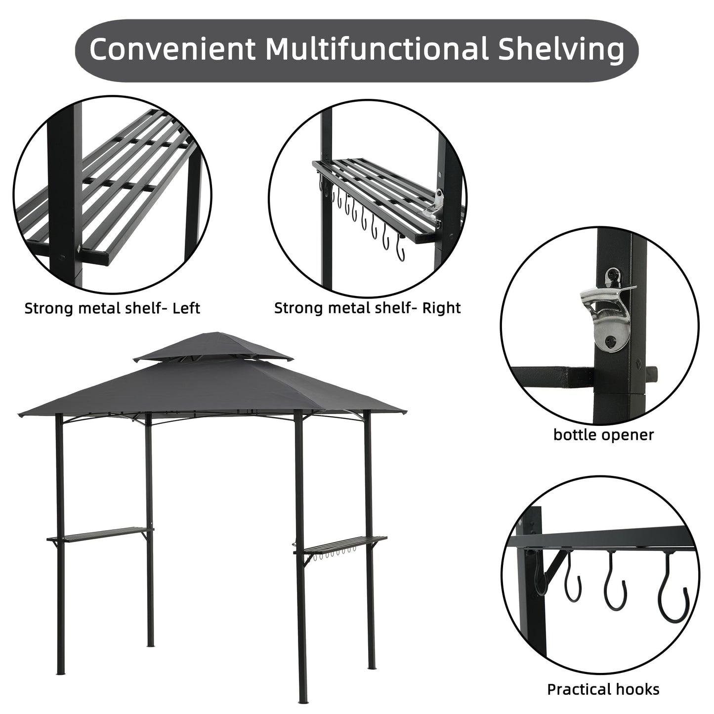 8 x 5 Ft Outdoor BBQ Grill Gazebo With Light, Double Tiered Soft Top Canopy, Steel Frame With Hook And Bar Counters.