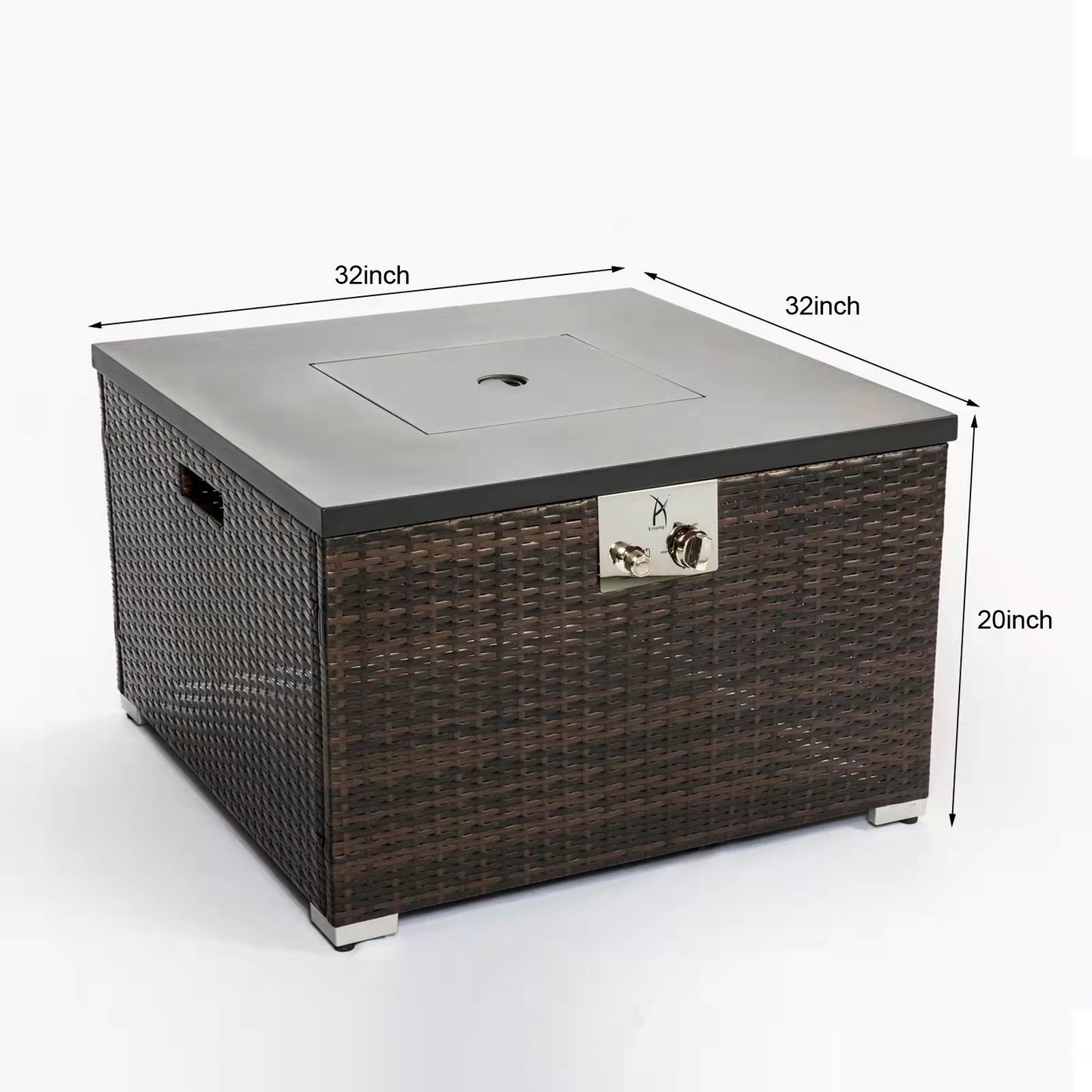 32" Outdoor Gas Fire Pit, Square Dark Brown Wicker, with Glass Rocks