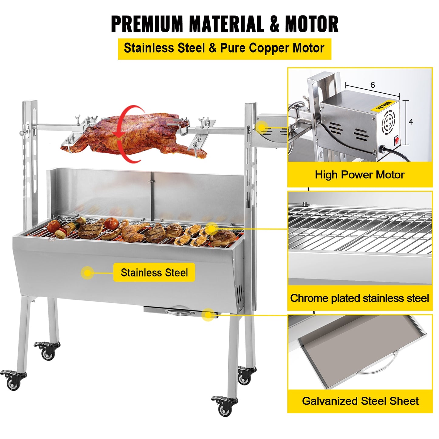Electric Roaster BBQ Rotisserie Grill W/ Lockable Wheels, Outdoor Camping Barbecue