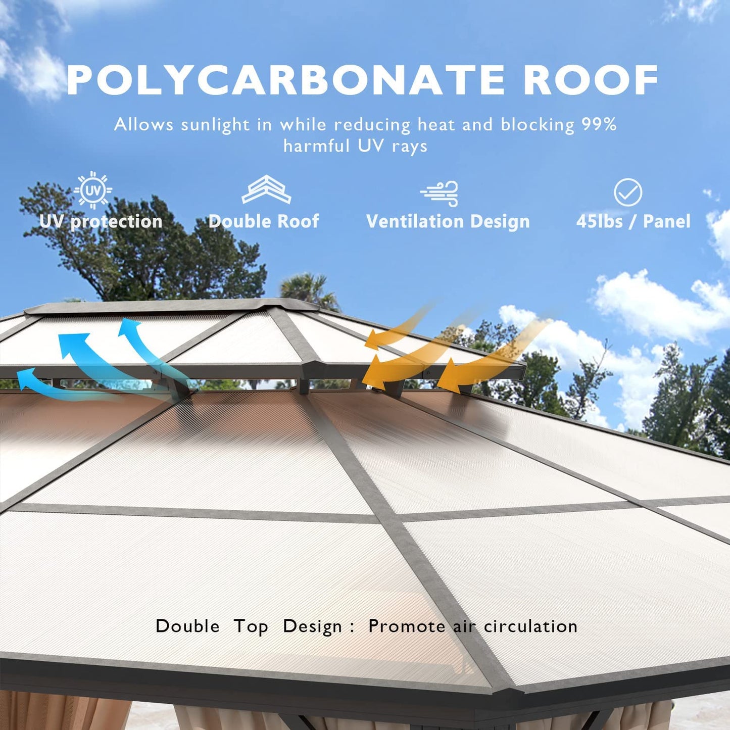 10'x13' Hardtop Gazebo, Double Roof Canopy with Curtains and Netting. Pair with Gazebo EZ-Way Magnetic Screen for easy Entry and Exit.