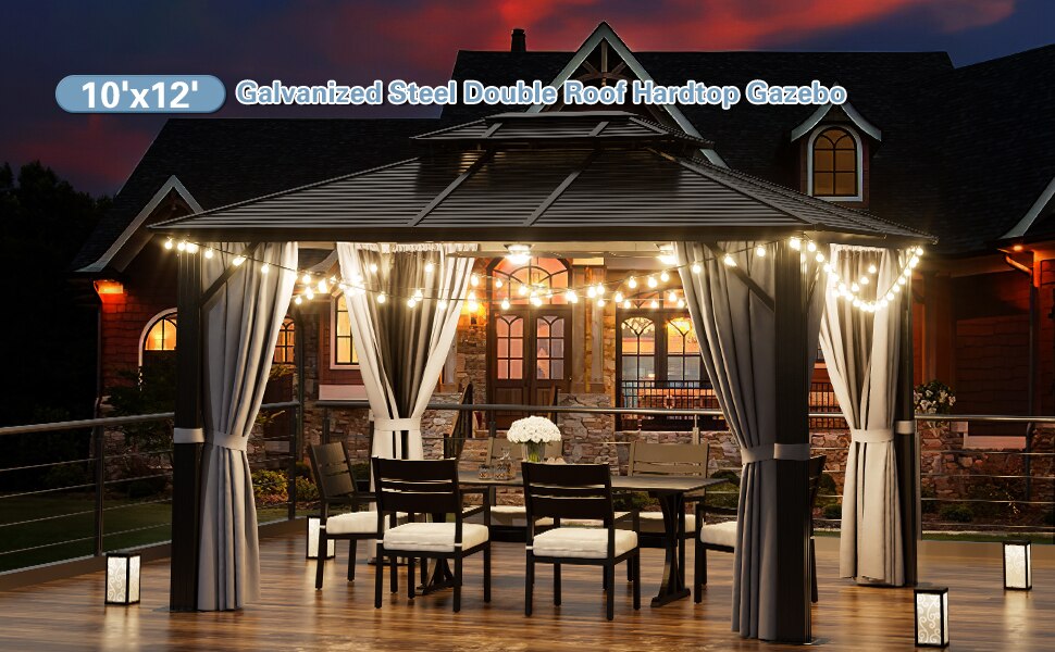 10' x 12' Hardtop Gazebo Double Roof Canopy, Aluminum Frame with Curtains. Pair with the EZ-Way Gazebo Magnetic Screen for easy Entry and Exit.