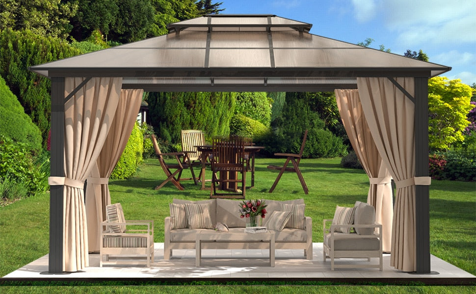 10'x13' Hardtop Gazebo, Double Roof Canopy with Curtains and Netting. Pair with Gazebo EZ-Way Magnetic Screen for easy Entry and Exit.