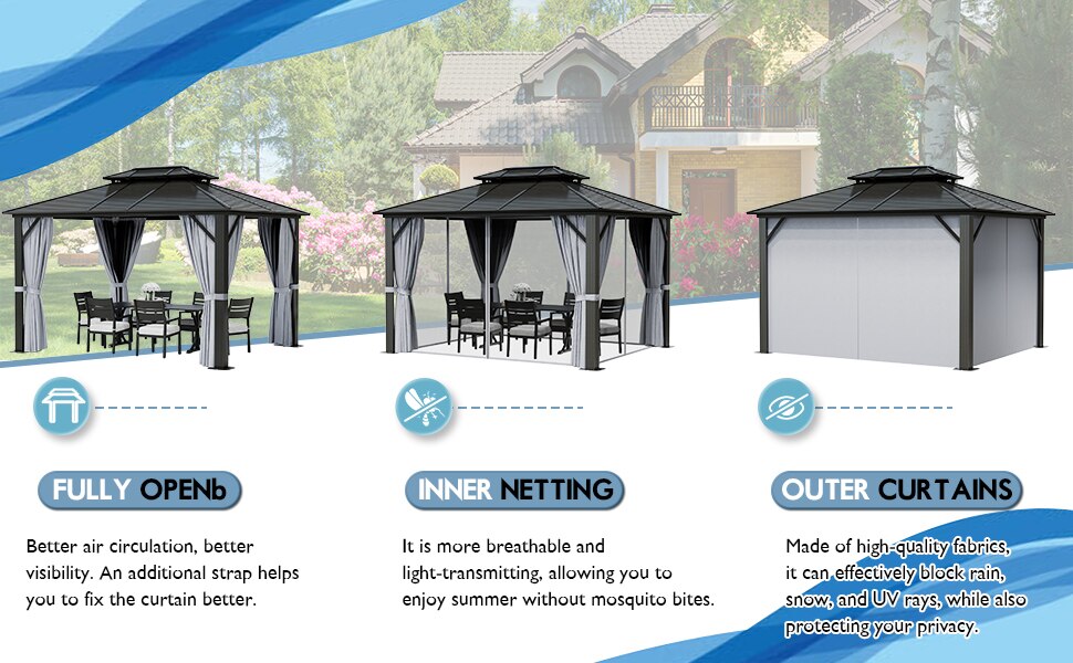 10' x 12' Hardtop Gazebo Double Roof Canopy, Aluminum Frame with Curtains. Pair with the EZ-Way Gazebo Magnetic Screen for easy Entry and Exit.