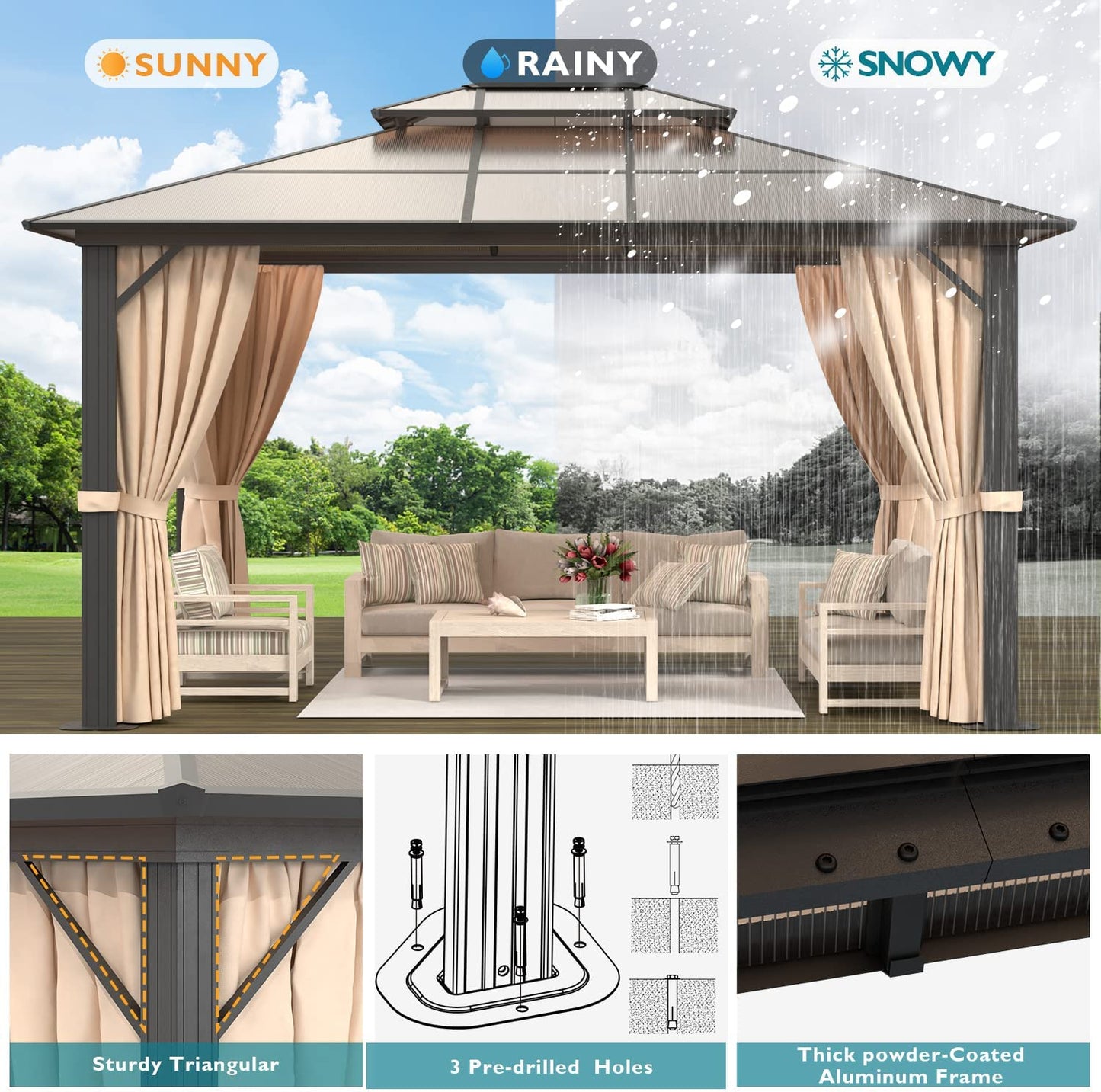 10'x13' Hardtop Gazebo, Double Roof Canopy with Curtains and Netting. Pair with Gazebo EZ-Way Magnetic Screen for easy Entry and Exit.