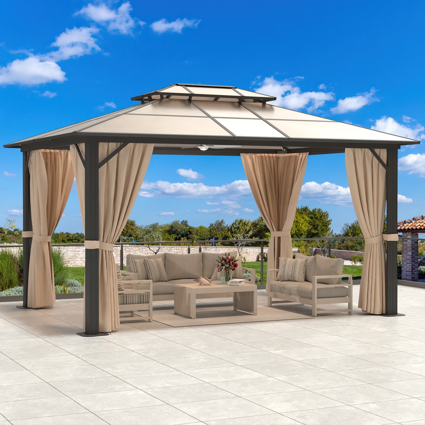10'x13' Hardtop Gazebo, Double Roof Canopy with Curtains and Netting. Pair with Gazebo EZ-Way Magnetic Screen for easy Entry and Exit.