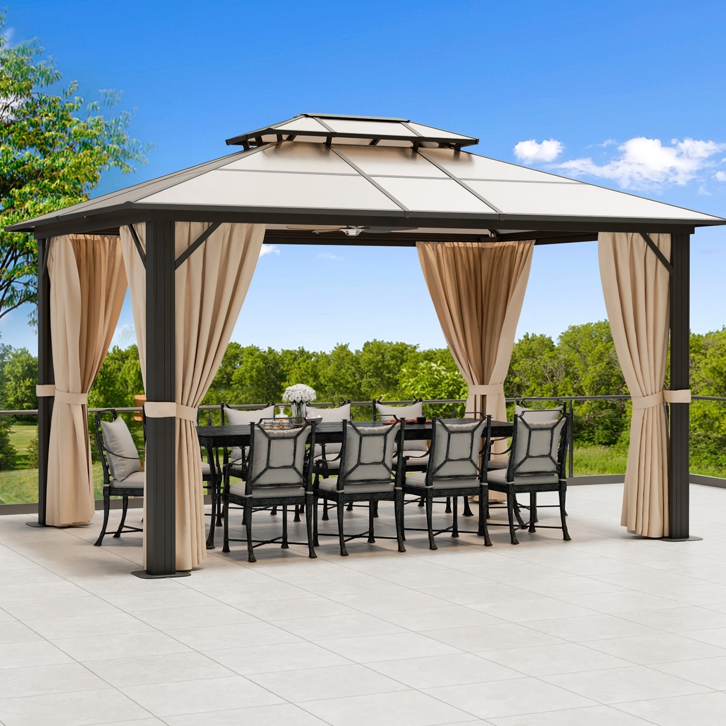 10'x13' Hardtop Gazebo, Double Roof Canopy with Curtains and Netting. Pair with Gazebo EZ-Way Magnetic Screen for easy Entry and Exit.