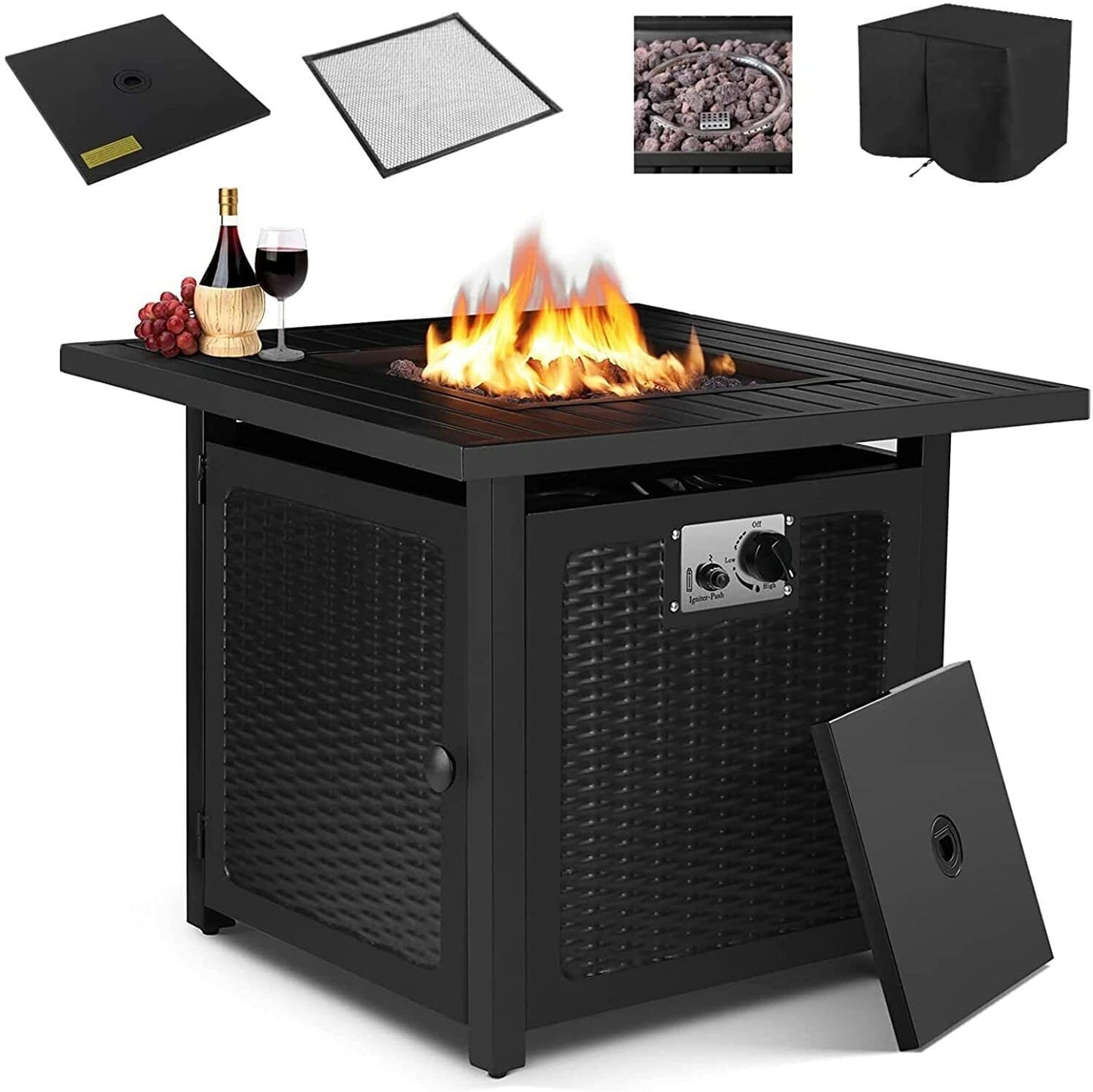28" Gas Fire Pit Table Square Table W/ Cover, 50,000 BTU, CSA certification and safety valve.