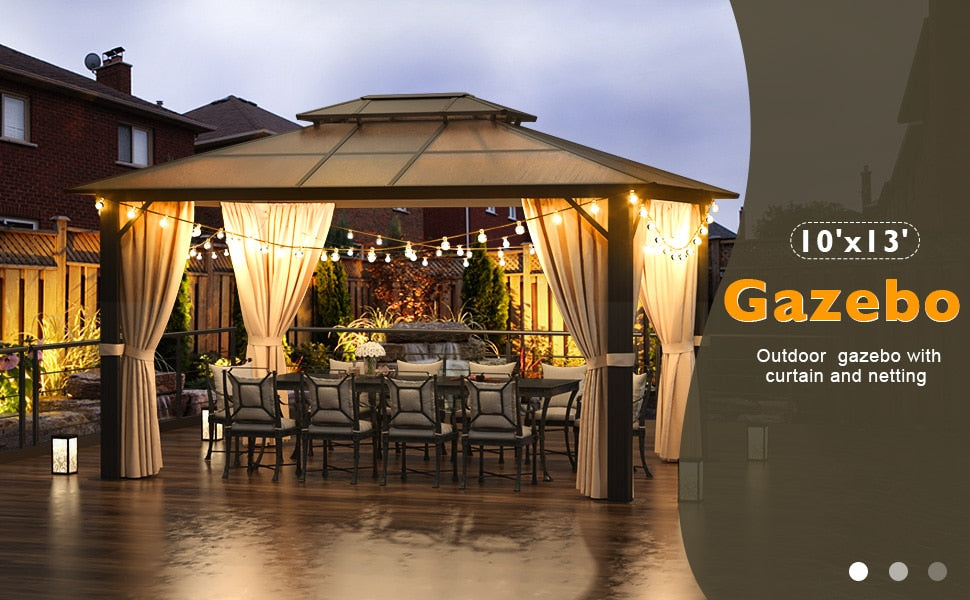 10'x13' Hardtop Gazebo, Double Roof Canopy with Curtains and Netting. Pair with Gazebo EZ-Way Magnetic Screen for easy Entry and Exit.