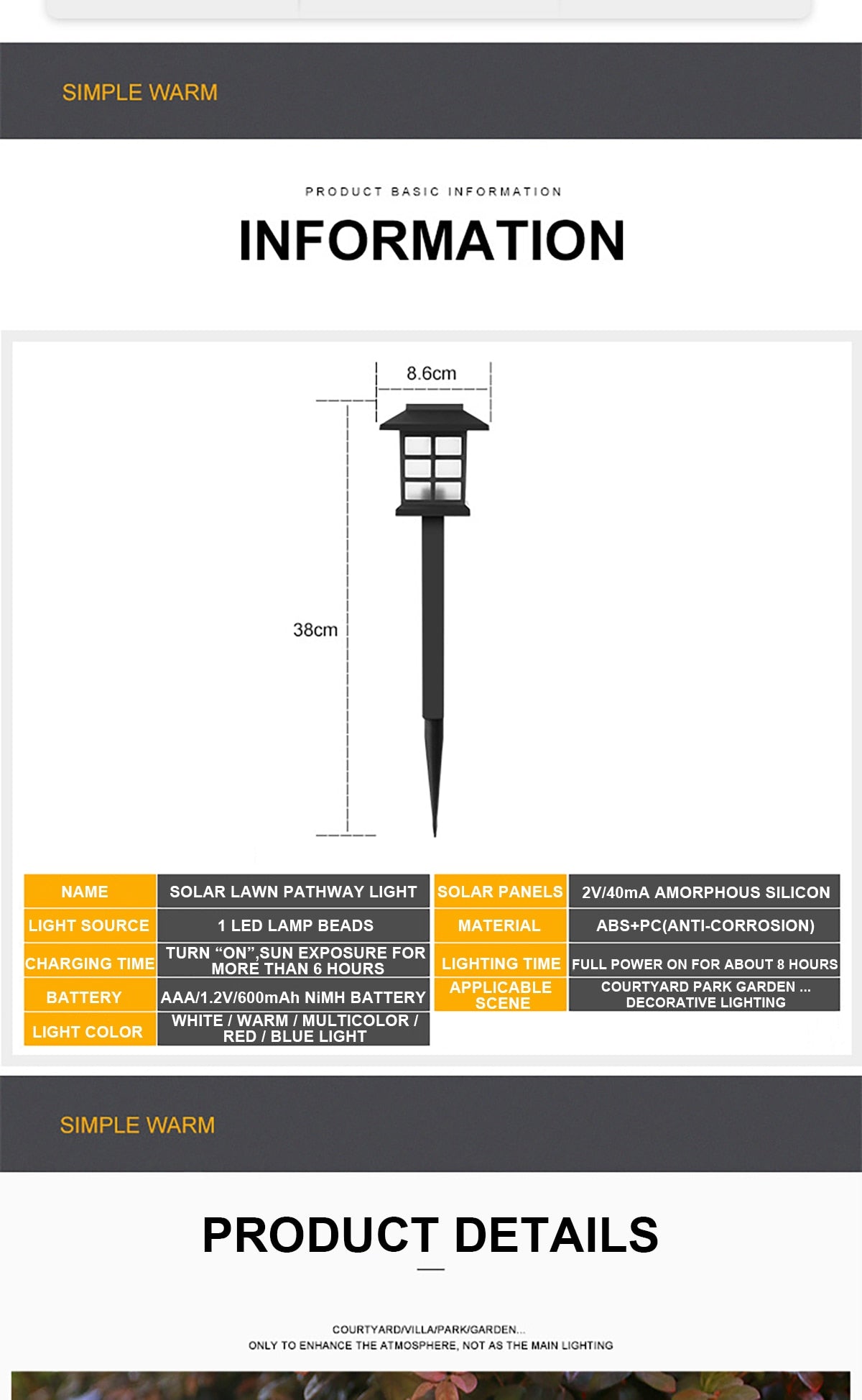 Outdoor Solar LED Lawn Light Pathway lamp Waterproof LED Night Lights for Garden Courtyard Park Landscape Decor