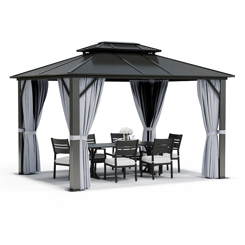 10' x 12' Hardtop Gazebo Double Roof Canopy, Aluminum Frame with Curtains. Pair with the EZ-Way Gazebo Magnetic Screen for easy Entry and Exit.