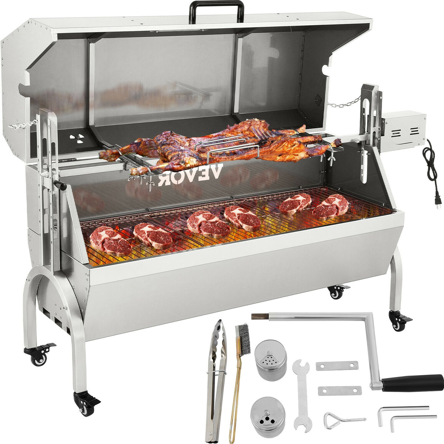 Electric Roaster BBQ Rotisserie Grill W/ Lockable Wheels, Outdoor Camping Barbecue