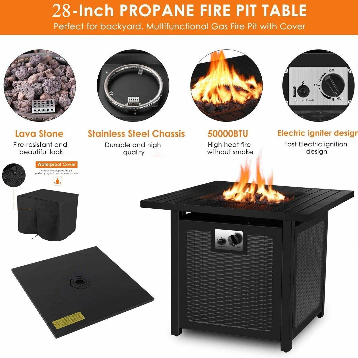 28" Gas Fire Pit Table Square Table W/ Cover, 50,000 BTU, CSA certification and safety valve.