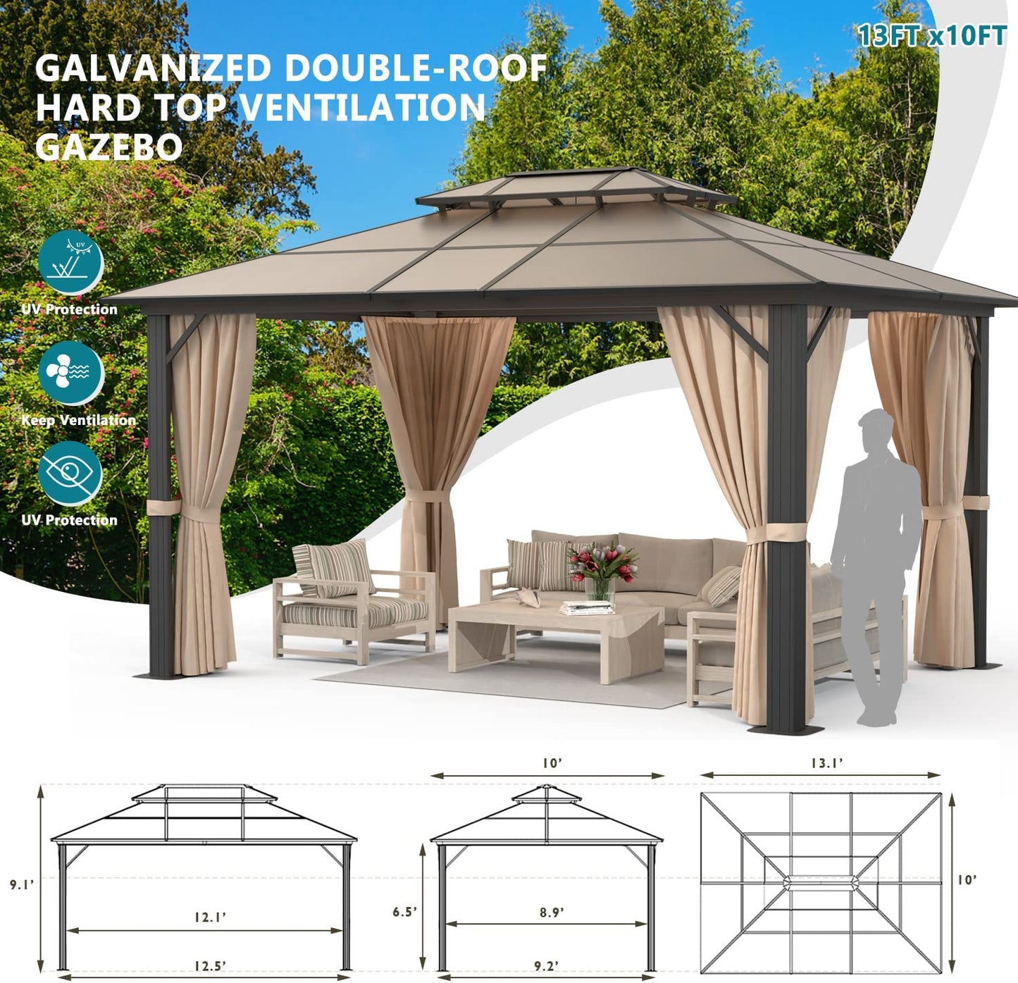 10'x13' Hardtop Gazebo, Double Roof Canopy with Curtains and Netting. Pair with Gazebo EZ-Way Magnetic Screen for easy Entry and Exit.