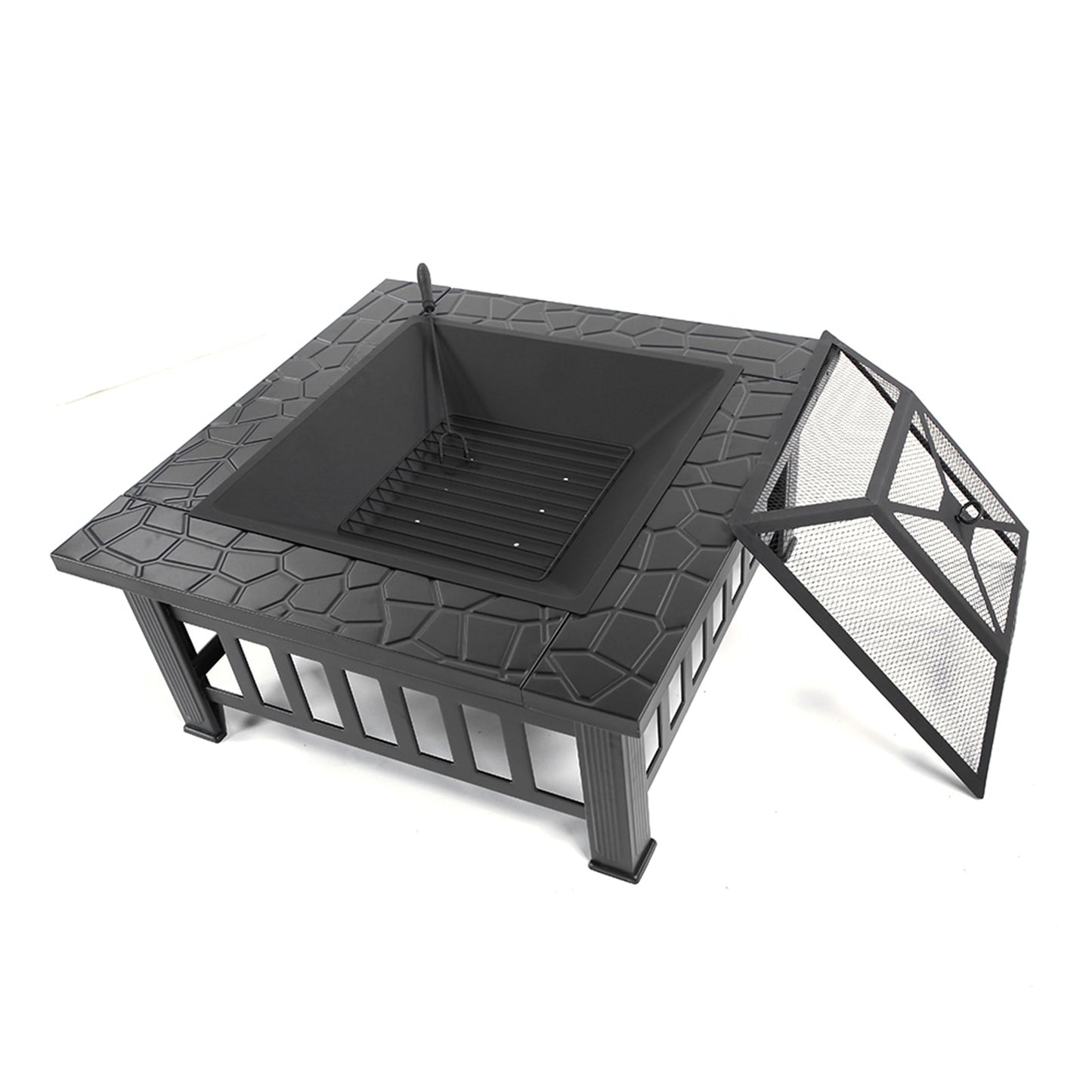 81cm Heavy Duty 3-in-1 Square Patio Firepit with Spark Screen Cover, Log Grate and Poker for Outside Wood Burning