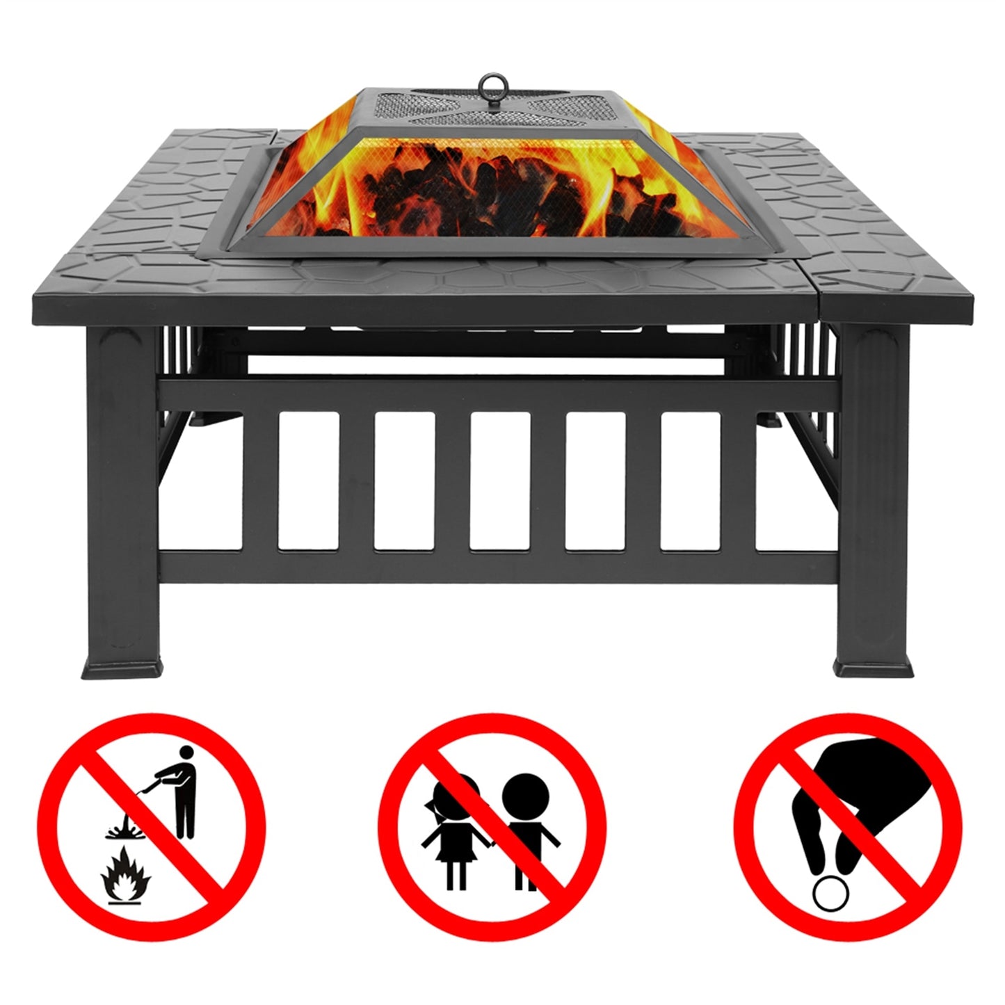 81cm Heavy Duty 3-in-1 Square Patio Firepit with Spark Screen Cover, Log Grate and Poker for Outside Wood Burning