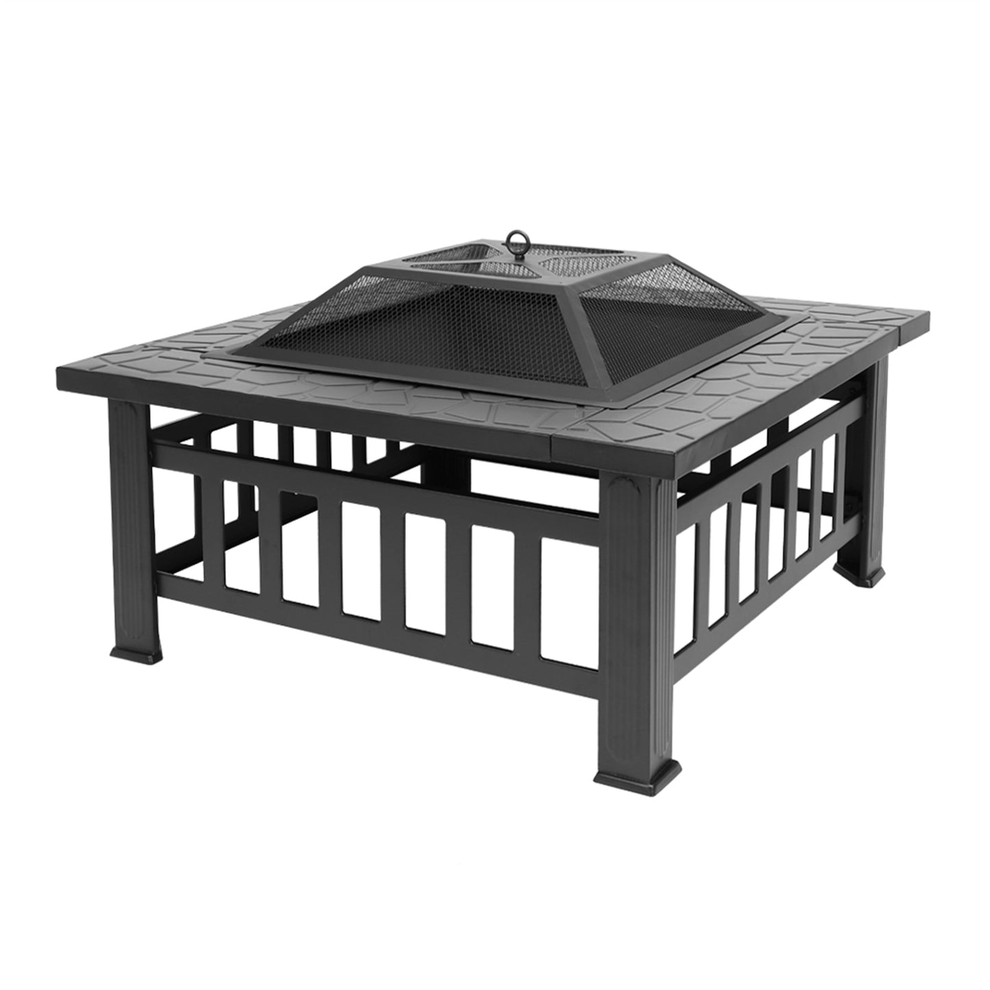 81cm Heavy Duty 3-in-1 Square Patio Firepit with Spark Screen Cover, Log Grate and Poker for Outside Wood Burning