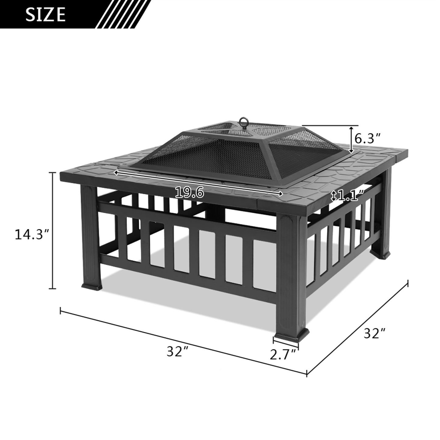 81cm Heavy Duty 3-in-1 Square Patio Firepit with Spark Screen Cover, Log Grate and Poker for Outside Wood Burning