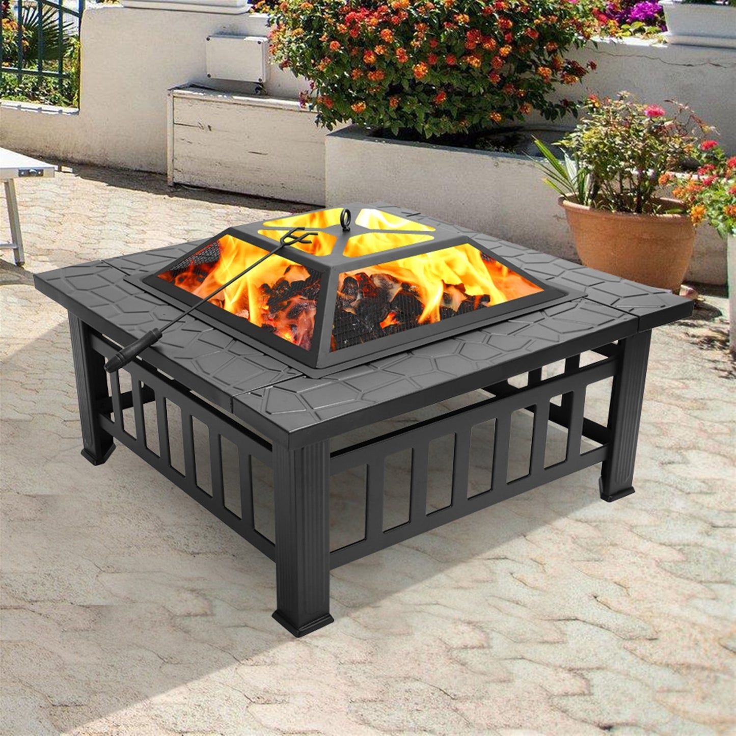 81cm Heavy Duty 3-in-1 Square Patio Firepit with Spark Screen Cover, Log Grate and Poker for Outside Wood Burning