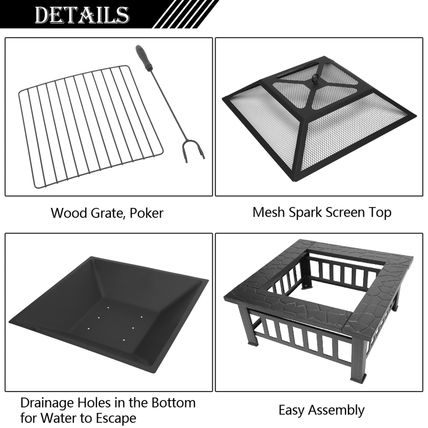 81cm Heavy Duty 3-in-1 Square Patio Firepit with Spark Screen Cover, Log Grate and Poker for Outside Wood Burning