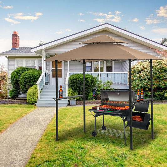 8 x 5 Ft Outdoor BBQ Grill Gazebo With Light, Double Tiered Soft Top Canopy, Steel Frame With Hook And Bar Counters.