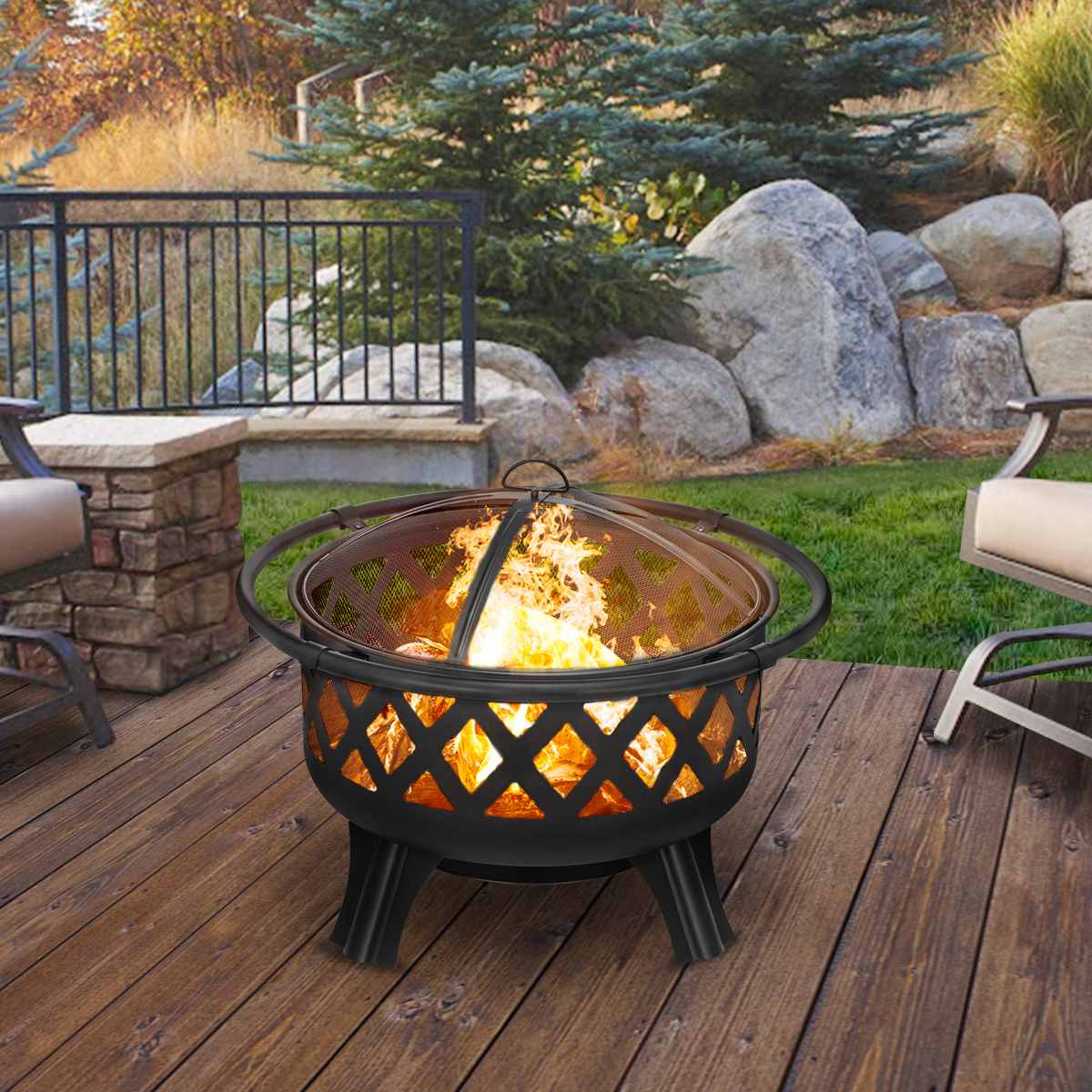 30", 2-in-1 Fire Pit with Movable BBQ Grill, Wood Burning Outdoor, Steel Firepit Bowl for Backyard, Patio, Outdoor Living