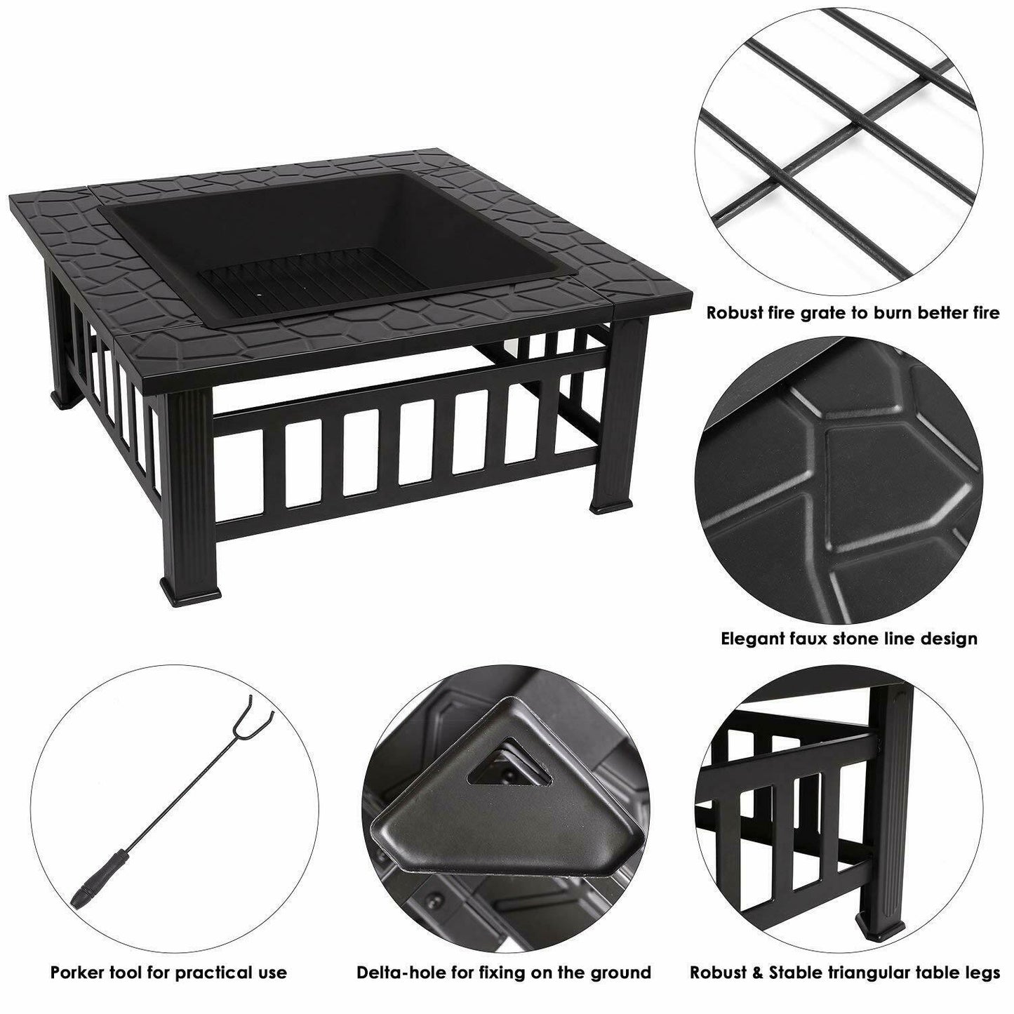 51x51cm, Outdoor Firepit, Including Grill And Waterproof Cover For Heating/Grilling Metal Brazier 81.5x81.5x45cm