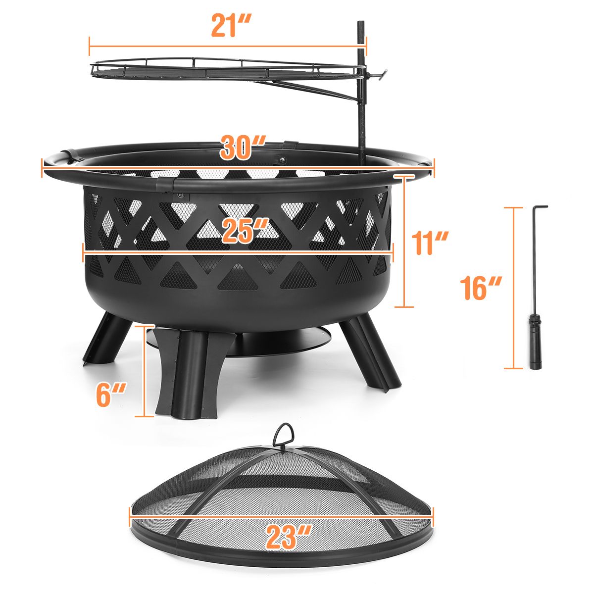 30", 2-in-1 Fire Pit with Movable BBQ Grill, Wood Burning Outdoor, Steel Firepit Bowl for Backyard, Patio, Outdoor Living