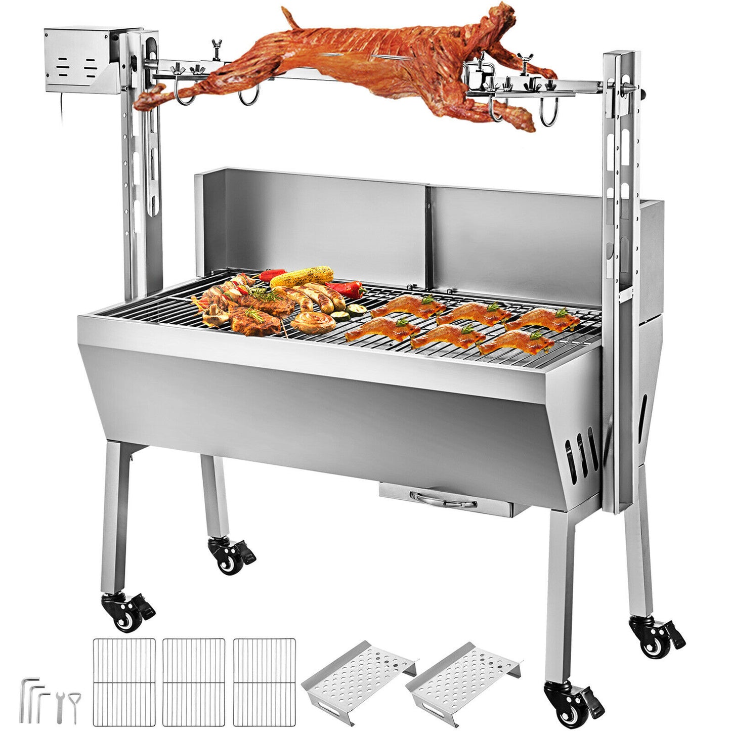 Electric Roaster BBQ Rotisserie Grill W/ Lockable Wheels, Outdoor Camping Barbecue