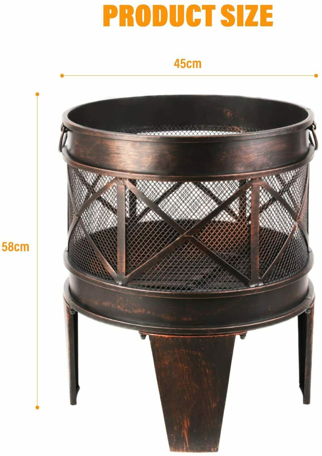 45cm Diagonal Bowl Fireplace Iron Basket with handles, portable, beautiful antique rust,