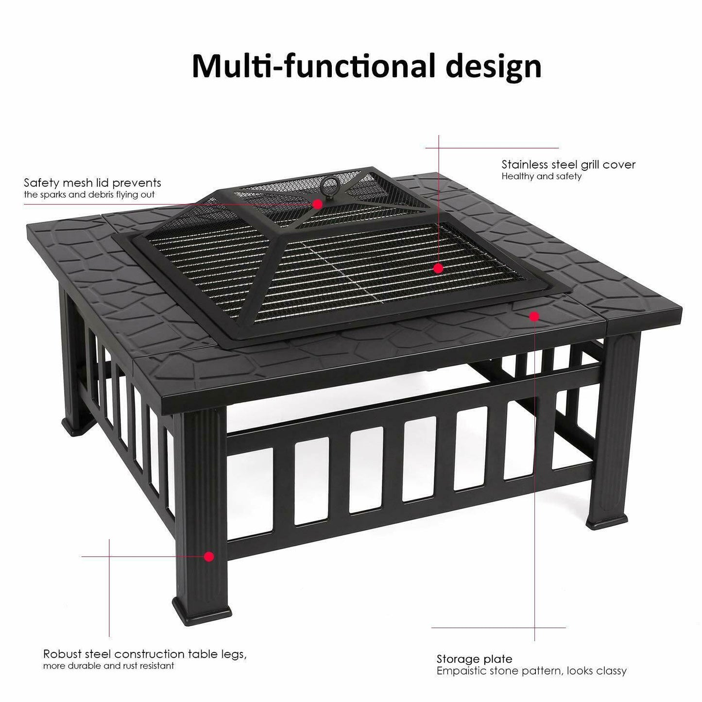 51x51cm, Outdoor Firepit, Including Grill And Waterproof Cover For Heating/Grilling Metal Brazier 81.5x81.5x45cm