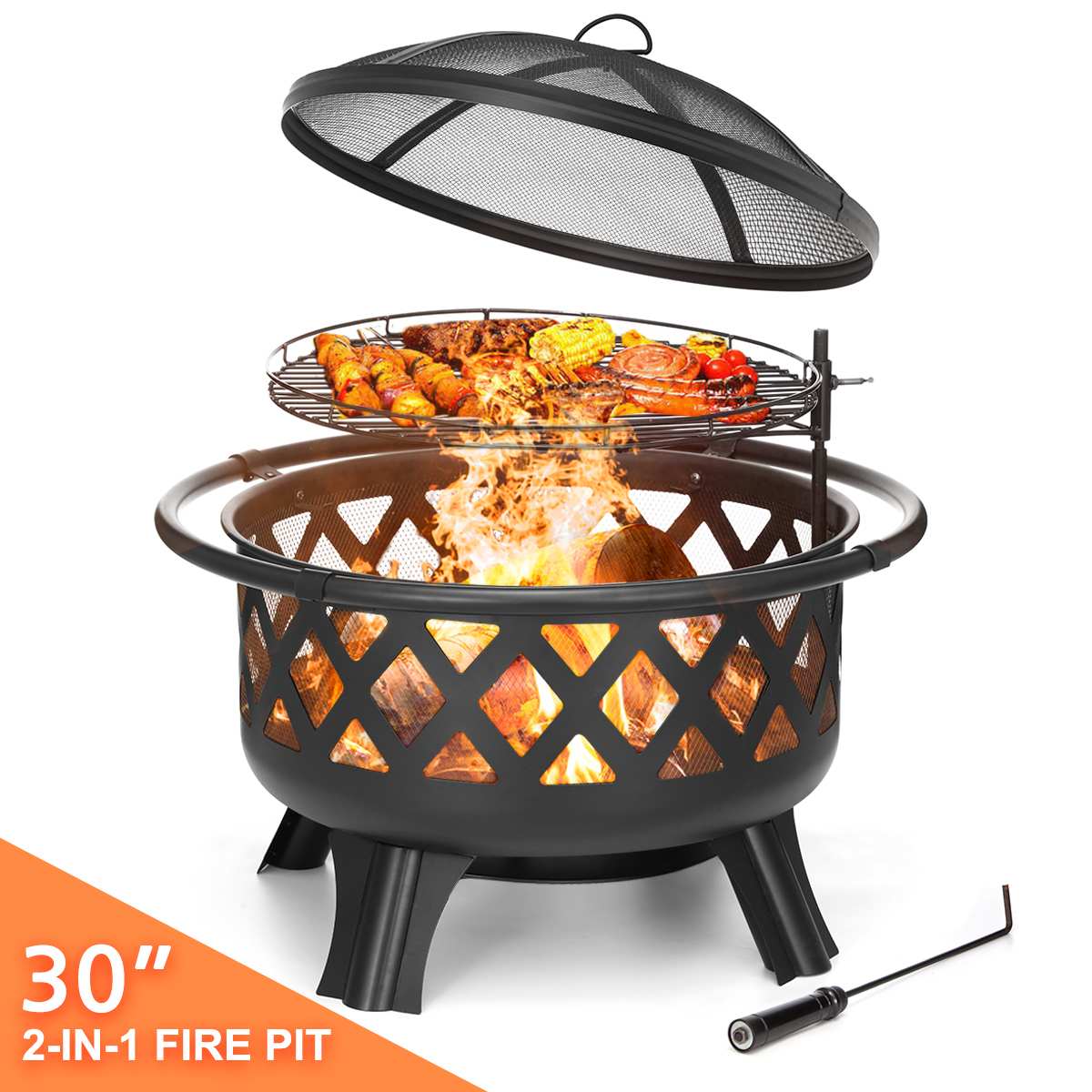 30", 2-in-1 Fire Pit with Movable BBQ Grill, Wood Burning Outdoor, Steel Firepit Bowl for Backyard, Patio, Outdoor Living