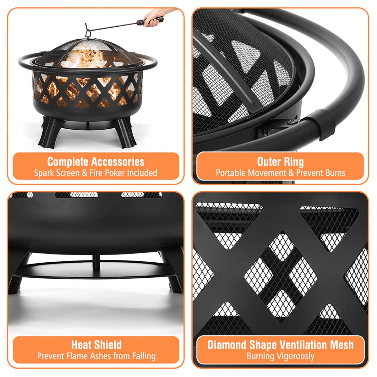 30", 2-in-1 Fire Pit with Movable BBQ Grill, Wood Burning Outdoor, Steel Firepit Bowl for Backyard, Patio, Outdoor Living