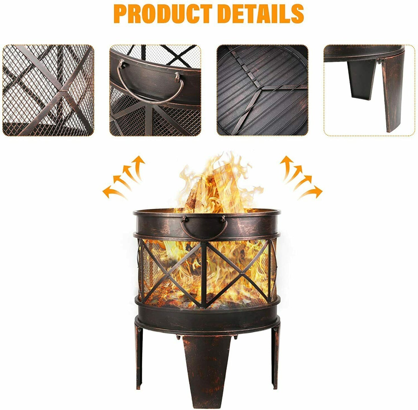 45cm Diagonal Bowl Fireplace Iron Basket with handles, portable, beautiful antique rust,