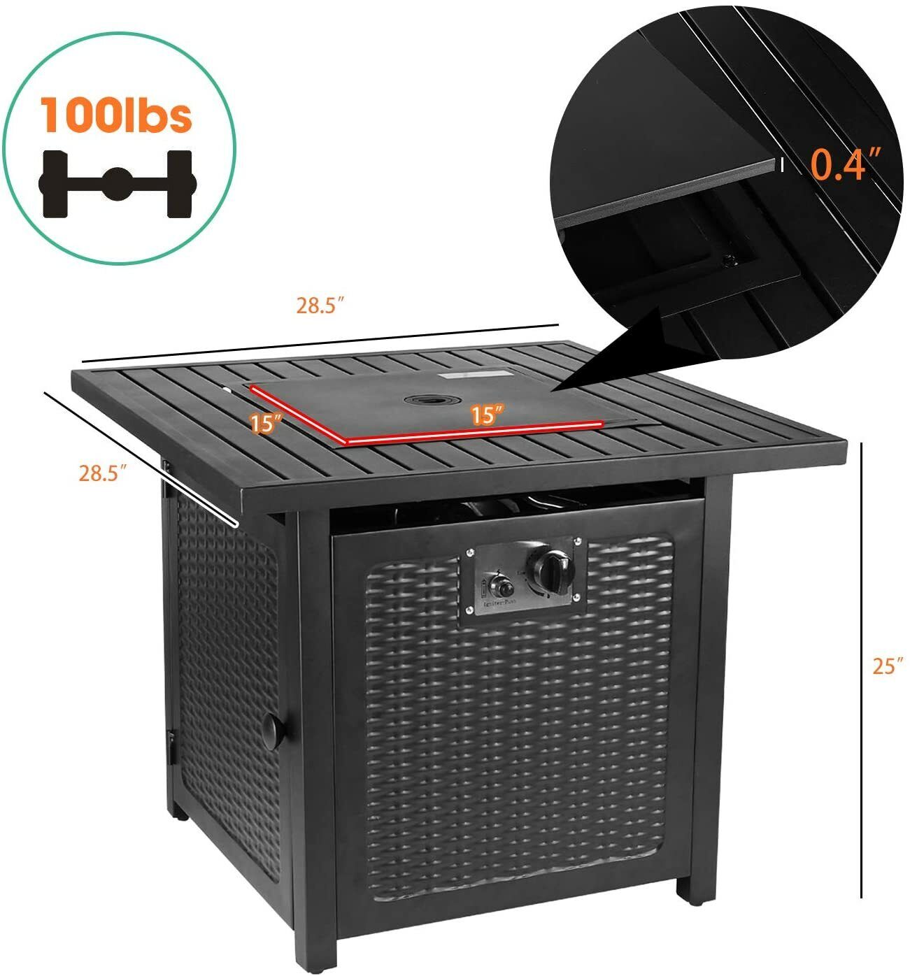 28" Gas Fire Pit Table Square Table W/ Cover, 50,000 BTU, CSA certification and safety valve.