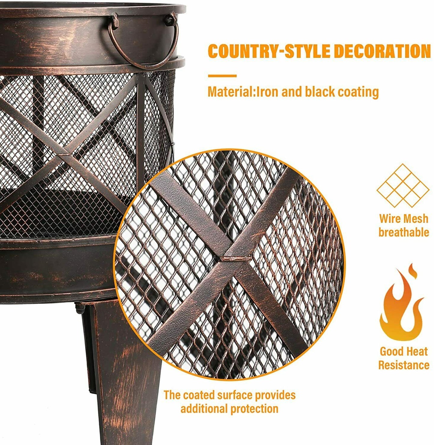 45cm Diagonal Bowl Fireplace Iron Basket with handles, portable, beautiful antique rust,