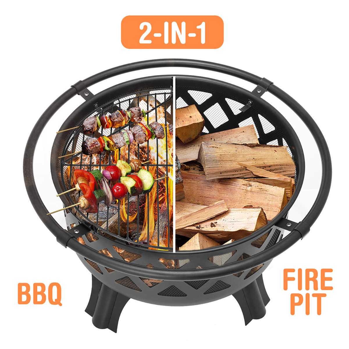 30", 2-in-1 Fire Pit with Movable BBQ Grill, Wood Burning Outdoor, Steel Firepit Bowl for Backyard, Patio, Outdoor Living