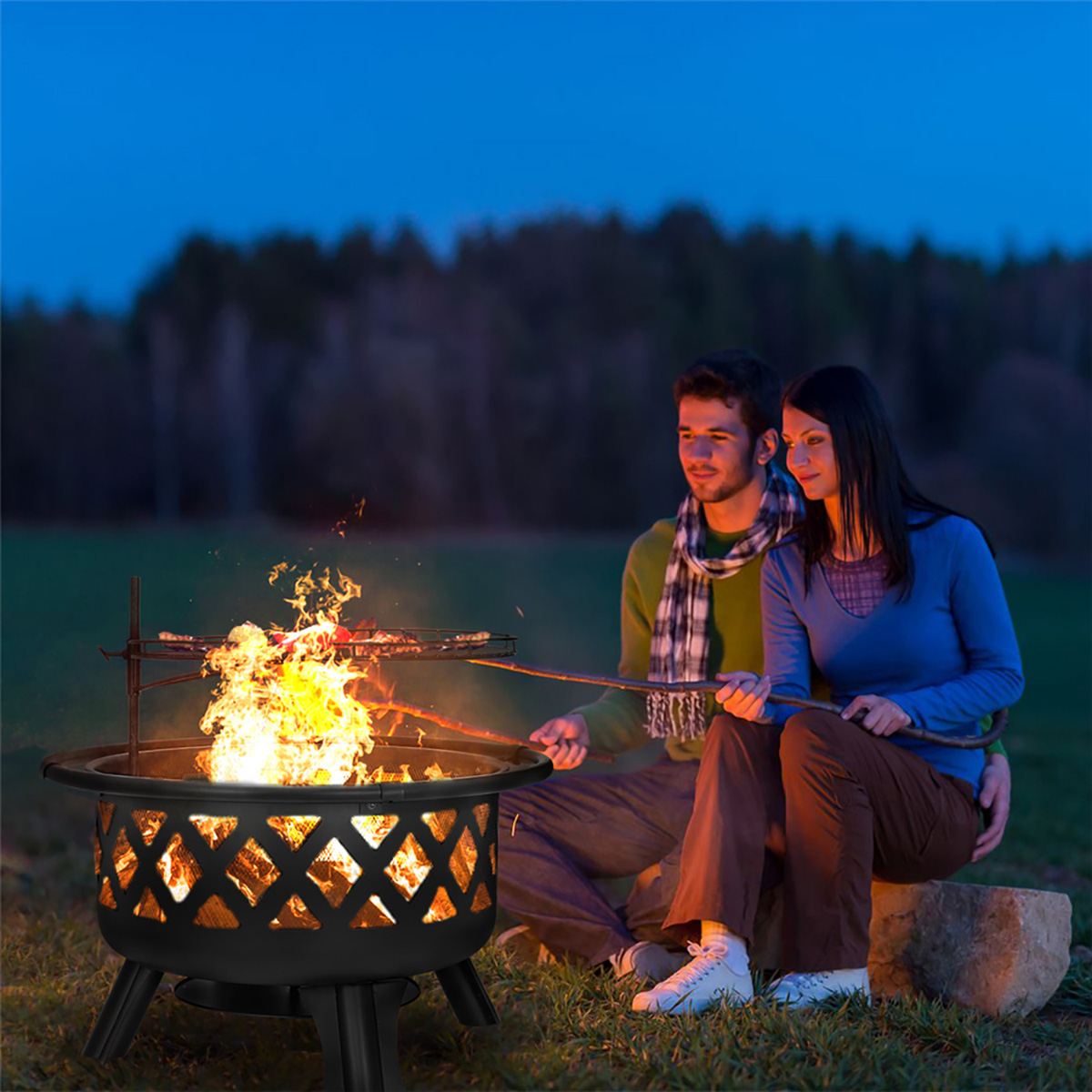 30", 2-in-1 Fire Pit with Movable BBQ Grill, Wood Burning Outdoor, Steel Firepit Bowl for Backyard, Patio, Outdoor Living