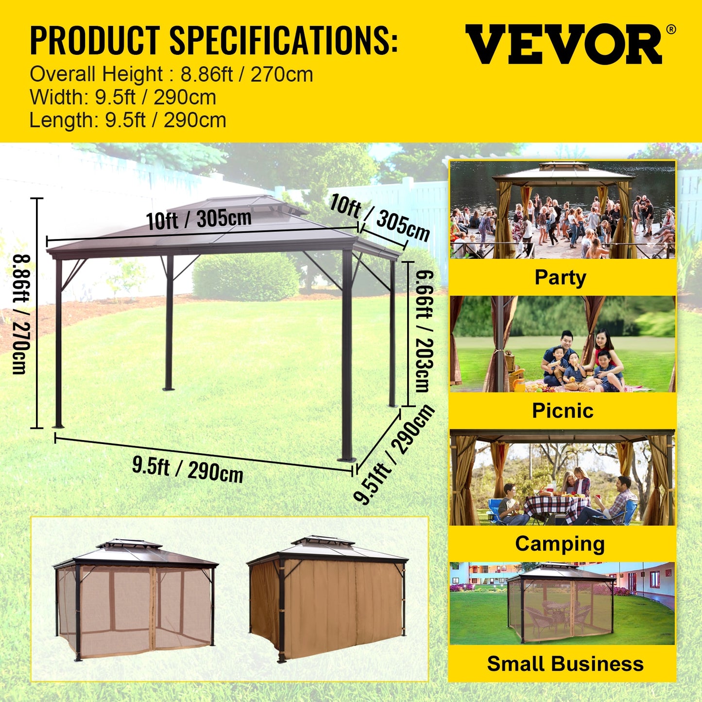 10'x10' or 10'x12' Gazebo Hardtop Canopy, Pair with the Gazebo EZ-Way Magnetic Screen for Easy Entry and Exit