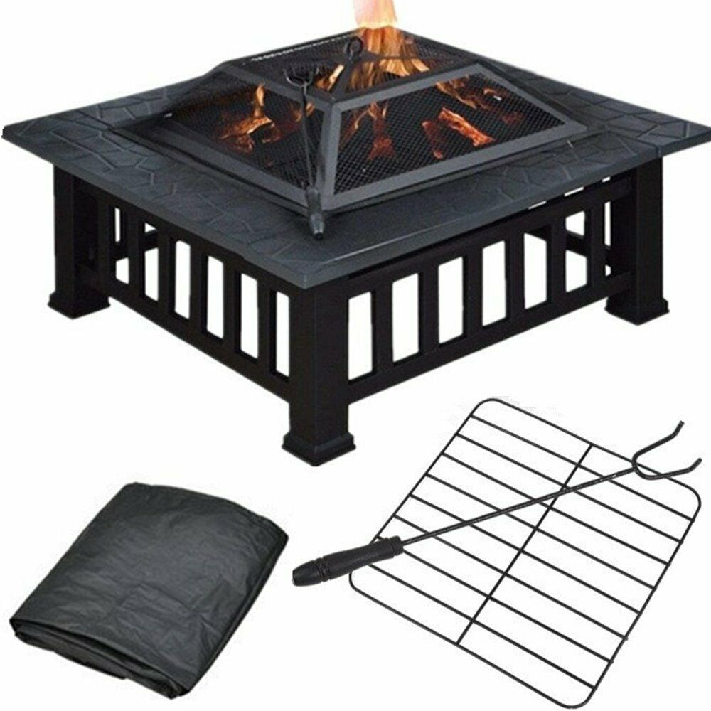 51x51cm, Outdoor Firepit, Including Grill And Waterproof Cover For Heating/Grilling Metal Brazier 81.5x81.5x45cm