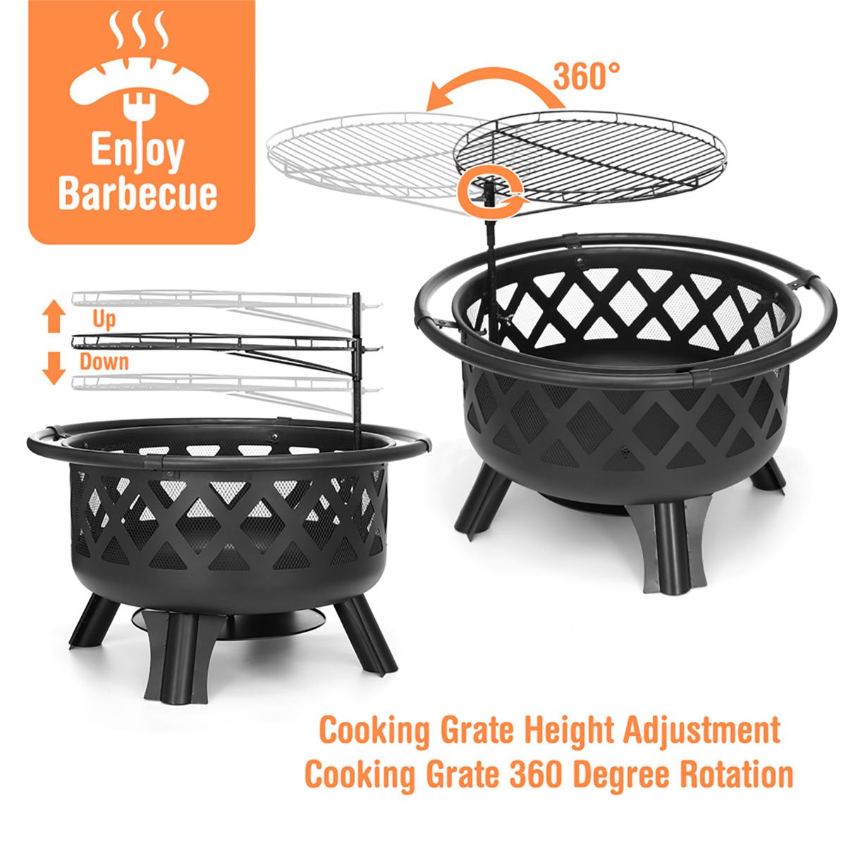 30", 2-in-1 Fire Pit with Movable BBQ Grill, Wood Burning Outdoor, Steel Firepit Bowl for Backyard, Patio, Outdoor Living