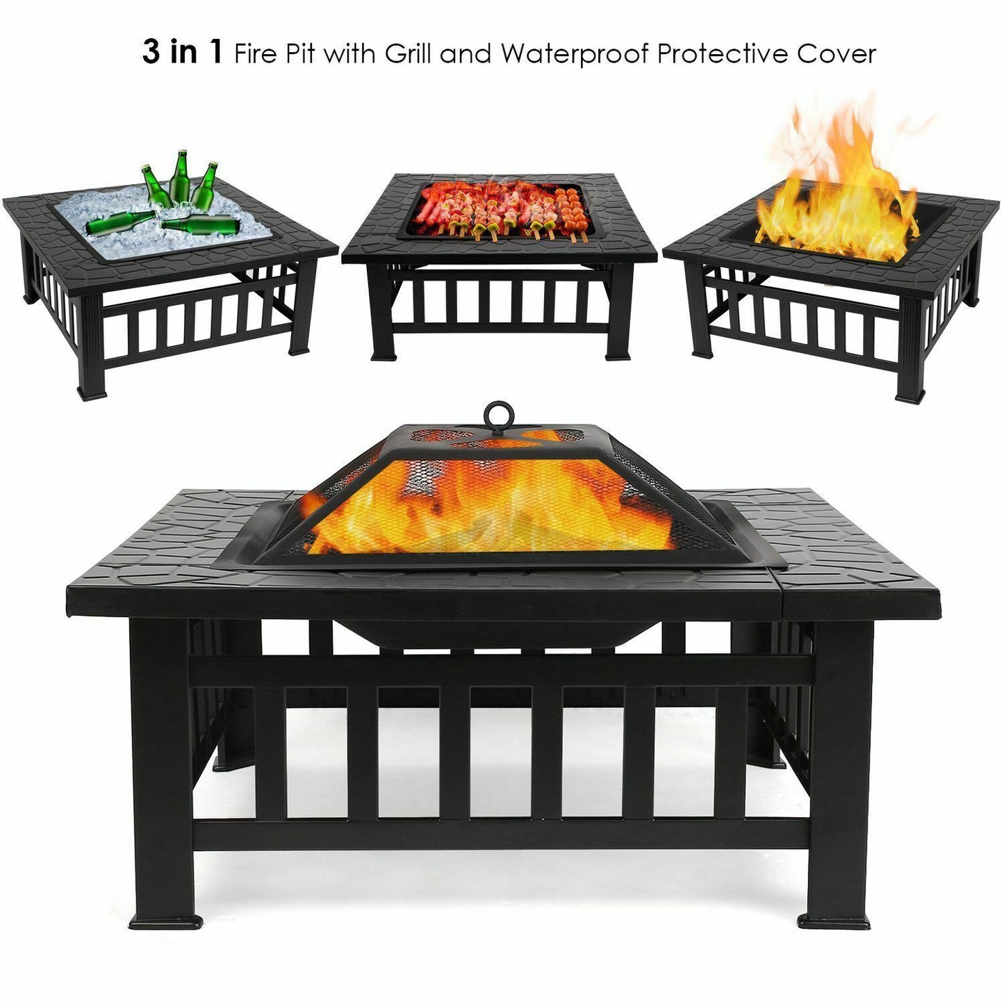 51x51cm, Outdoor Firepit, Including Grill And Waterproof Cover For Heating/Grilling Metal Brazier 81.5x81.5x45cm