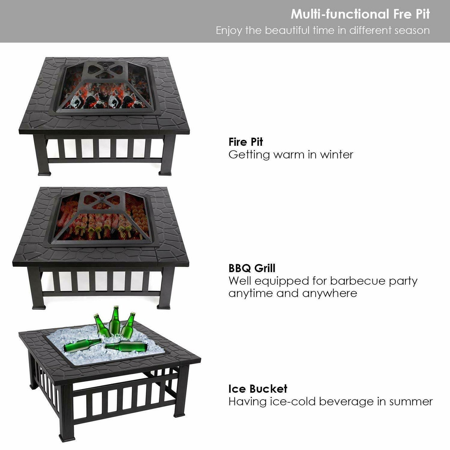 51x51cm, Outdoor Firepit, Including Grill And Waterproof Cover For Heating/Grilling Metal Brazier 81.5x81.5x45cm