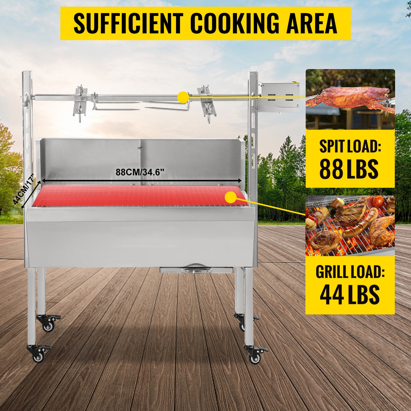 Electric Roaster BBQ Rotisserie Grill W/ Lockable Wheels, Outdoor Camping Barbecue