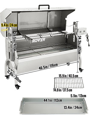 Electric Roaster BBQ Rotisserie Grill W/ Lockable Wheels, Outdoor Camping Barbecue